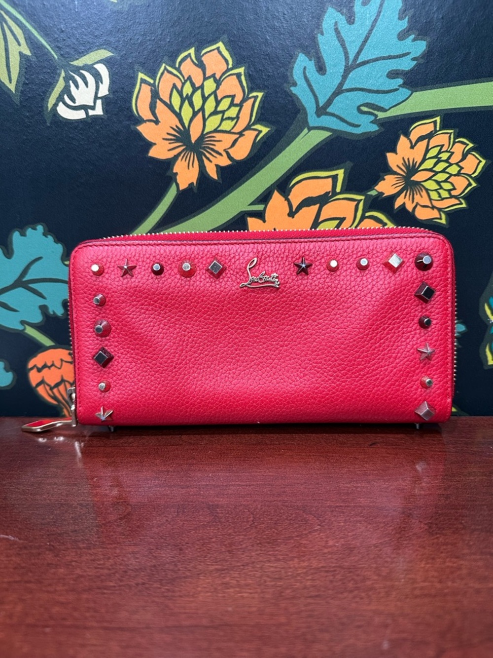 Christian Louboutin Red Studded Zip Around Wallet Leather Spike Star Continental - Picture 3 of 14